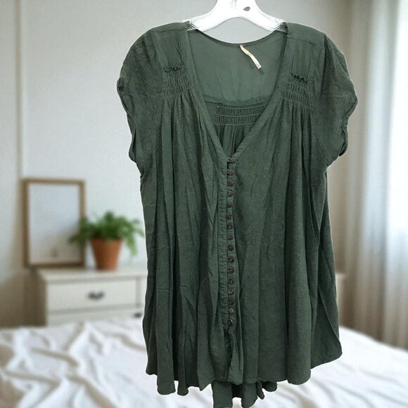 Free People Oversize Linen Top Women S, FP Highland Tee Army Green - Picture 1 of 14